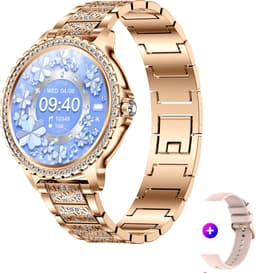 Stijl Ontmoet Slimheid: Knobbout 1.32” Roségouden Smartwatch met Diamanten – Voor Vrouwen die Stralen! Bluetooth Bellen, Gezondheidstracker & AI Assistent- Roségouden talen band met kristallen + extra siliconen band — thumbnail 1