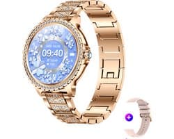 Stijl Ontmoet Slimheid: Knobbout 1.32” Roségouden Smartwatch met Diamanten – Voor Vrouwen die Stralen! Bluetooth Bellen, Gezondheidstracker & AI Assistent- Roségouden talen band met kristallen + extra siliconen band