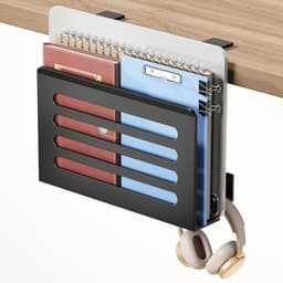 Zijdelingse bureau-opberghouder zonder boren met hoofdtelefoonhaak en tijdschriftenhouder — thumbnail 1