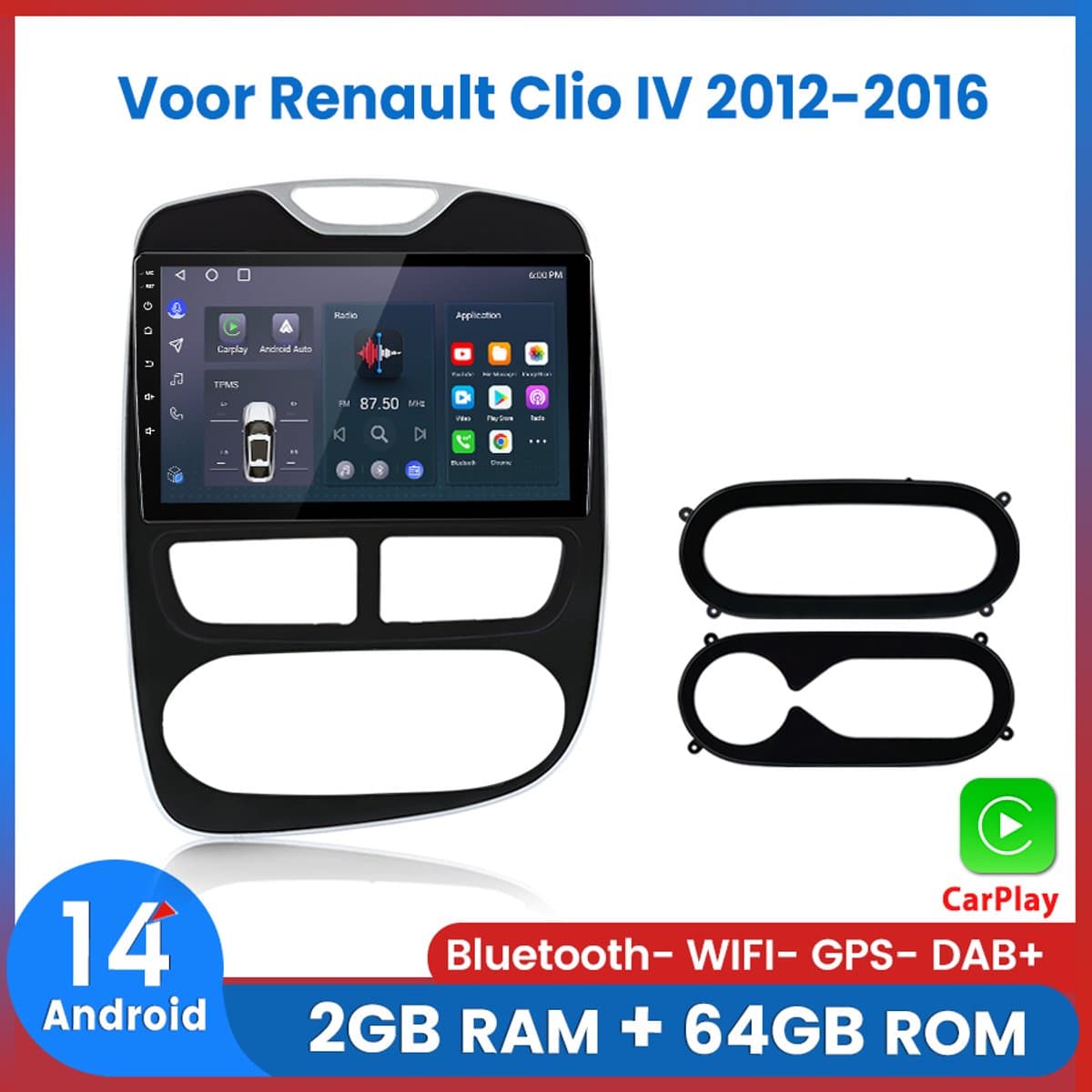 Awesafe Geschikt voor Renault Clio (2012 t/m 2016) - 2+64GB 4Core - 10.1 inch Android 14.0 CarPlay Autoradio - Draadloos CarPlay & Android Auto - Bluetooth & WiFi - GPS Navigatie — afbeelding 1