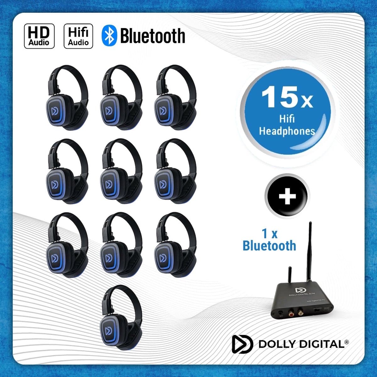Silent Disco Pro Box 15 +Bluetooth | 15 HiFi Headsets FD-Pro, Bluetooth zender T80-Pro, Storage Box | DOLLY DIGITAL© — afbeelding 1