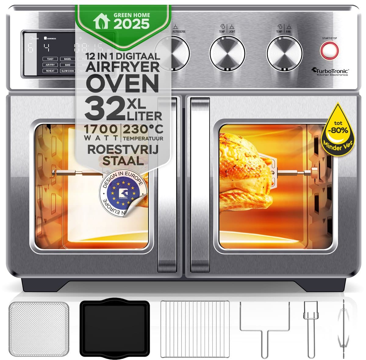 TurboTronic AFD32 Airfryer XXL en Oven – 12 Kookprogramma's – Vrijstaande Mini Oven – Instelbaar van 25 tot 230°C - 32L - Zilver — afbeelding 1