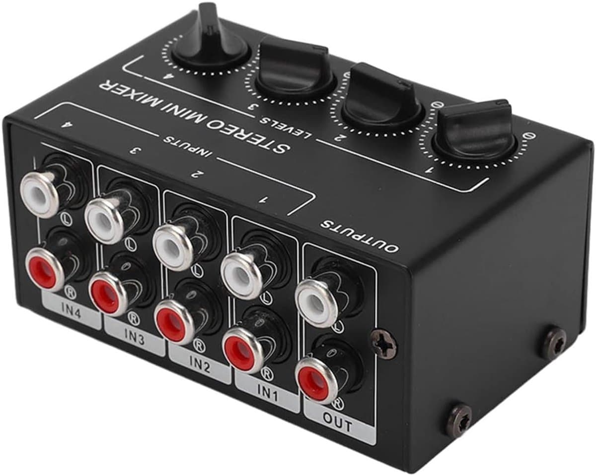 Mini Passieve Stereo Audiomixer - 4 Kanaals RCA Mixer voor Computer, Telefoon, en Tablet — afbeelding 1