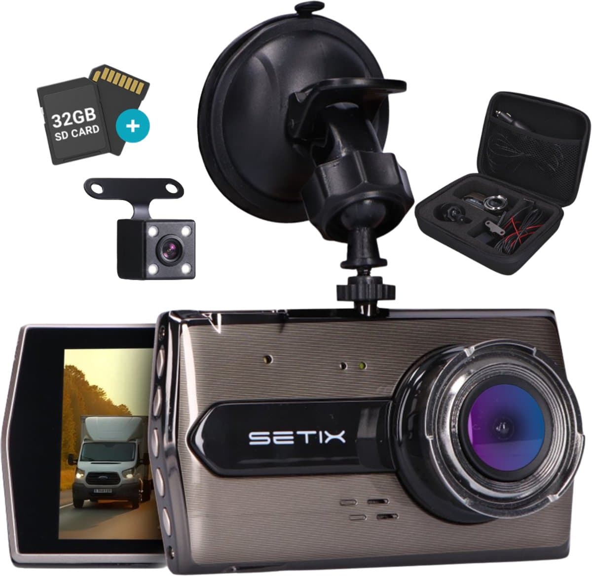 Setix Dashcam Go - Voor en Achter Camera – Inclusief 32GB SD kaart - Full HD 1080P Resolutie – Met Opbergcase tegen Diefstal - Nachtzicht – Plug & Play - Parkeermodus - 170 Graden Kijkhoek – Loop Recording – 2026 Auto Camera — afbeelding 1