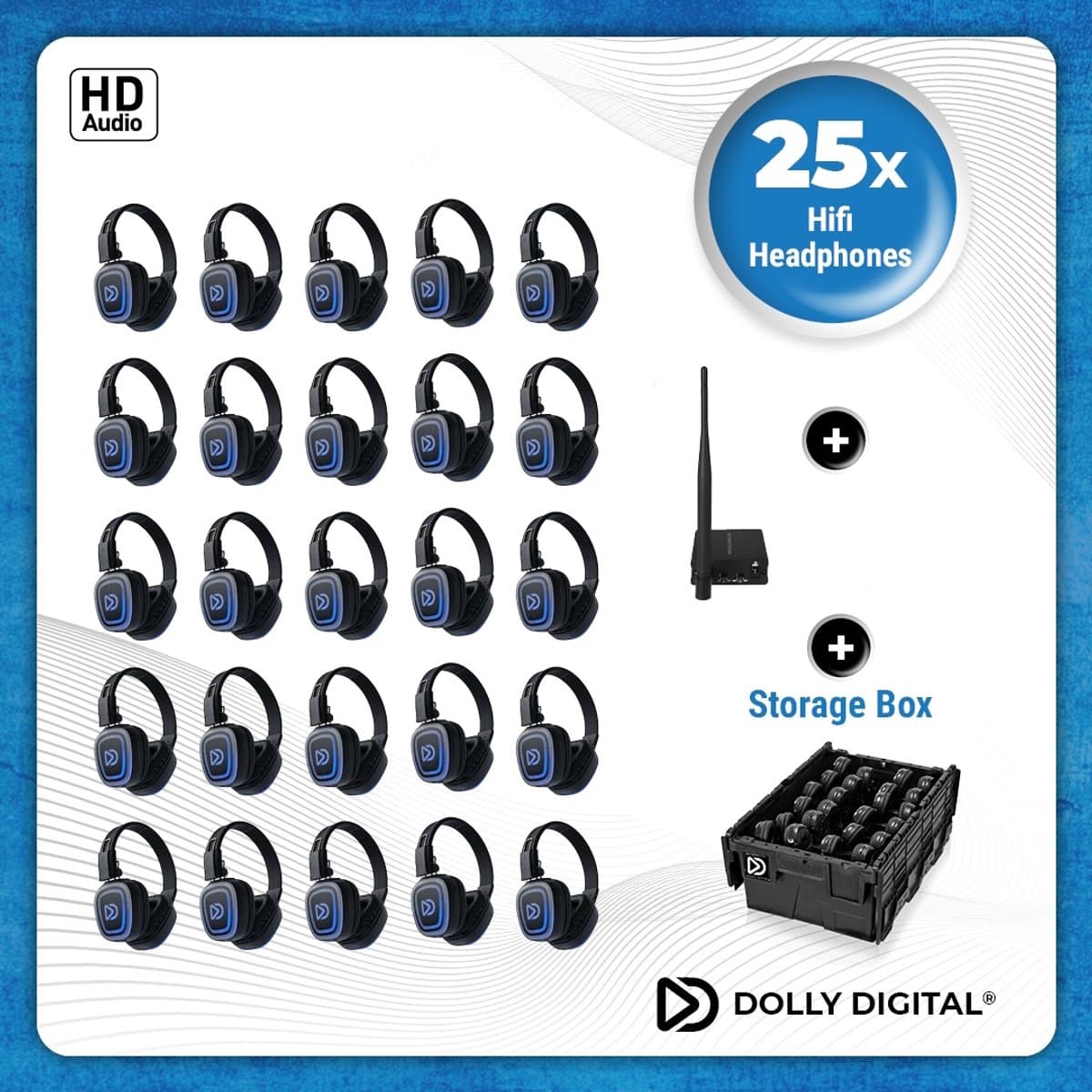 Silent Disco Pro Box 25 | 25 HiFi Headsets FD-Pro, Oplaadbare zender T70, Storage Box | DOLLY DIGITAL© — afbeelding 1