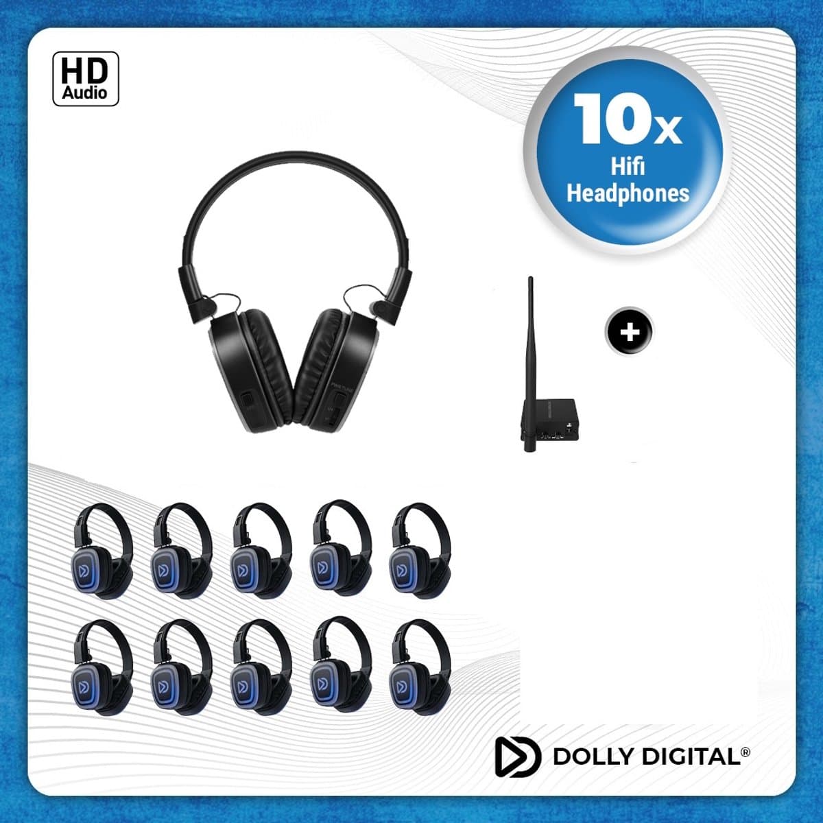 10x DOLLY DIGITAL© FD-Pro Silent Disco set | 10 oplaadbare stereo HD headsets met T70 oplaadbare zender — afbeelding 1