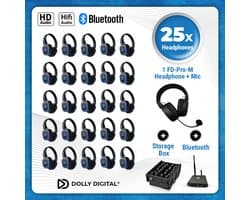 Silent Disco Pro Box 25 + Microfoon + Bluetooth | 25 HiFi Headsets FD-pro, Bluetooth zender T80-Pro, Storage Box | DOLLY DIGITAL©