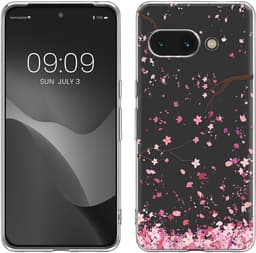 kwmobile telefoonhoesje geschikt voor Google Pixel 9a - Hoesje voor smartphone in poederroze / donkerbruin / transparant - Kersenbloesembladeren design — thumbnail 1
