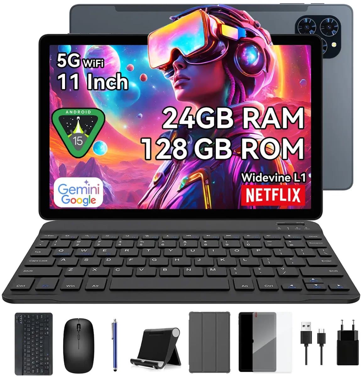 KINGRID T90 Tablet - 11 inch - 24GB RAM+128GB ROM - 8000mAh - Android 16 - Gaming Tablet - Met Toetsenbord - Hoes - Stylus - Muis - Gemini AI - Widevine L1 - GPS - Grijs — afbeelding 1