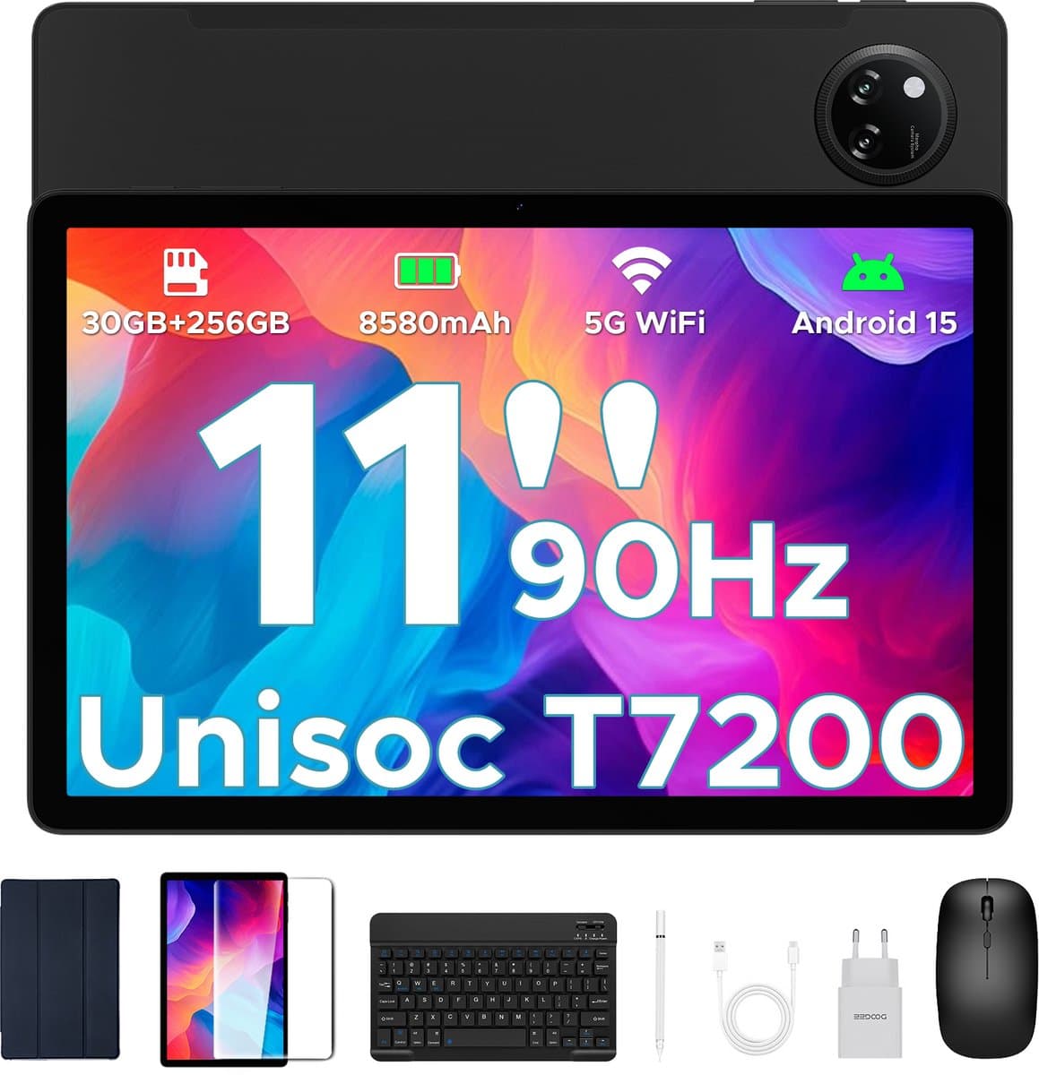 DOOGEE Tab A9 Pro+ Android 15-tablet met toetsenbord 11-inch scherm + 90 Hz verversingssnelheid 6 GB RAM + 128 GB opslagruimte 8580 mAh-batterij Octa-Core T7200-processor 13 MP-camera,Zwart — afbeelding 1
