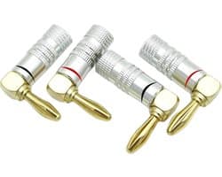 Haakse Banaanstekker – Banaanplug – Speakerstekker – Luidsprekerplug 24K Verguld – Set van 4 stuks (Rood/Zwart)