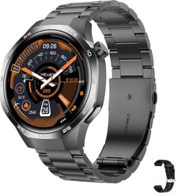 Knobbout 1.53" Stijlvolle Sport Smartwatch – NFC- Kompas, Hoogtemeter, Barometer-Bluetooth Bellen - Draadloos Opladen - hartslag, bloeddruk, zuurstofgehalte (SpO₂) - AI Assistent - medicatie innemen alert - Zwart staal + Siliconen Band — thumbnail 1