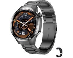 Knobbout 1.53" Stijlvolle Sport Smartwatch – NFC- Kompas, Hoogtemeter, Barometer-Bluetooth Bellen - Draadloos Opladen - hartslag, bloeddruk, zuurstofgehalte (SpO₂) - AI Assistent - medicatie innemen alert - Zwart staal + Siliconen Band