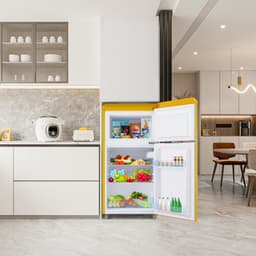 Retro koelkast, koelkast met dubbele deur boven en onder, totale inhoud 72 liter, met 21 liter vriescapaciteit, 120 kWh/jaar, led-verlichting. Verkrijgbaar in diverse kleuren. [Energieklasse E] — thumbnail 4
