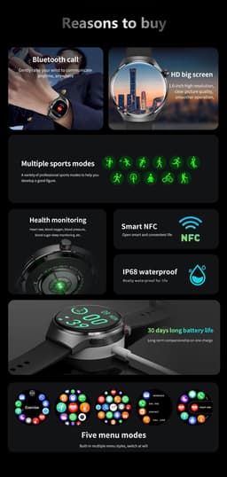 Knobbout 1.6 inch(3.7cm) Stijlvolle HD Kleurenweergave Scherm smartwatch - Ingebouwd Kompas - Hoogtemeter en Barometer - Krachtige NFC-functie - Bluetooth Handsfree Bellen - Dynamische Interactieve Weergave -Bruin leren en siliconen horlogeband — thumbnail 2