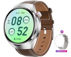 Knobbout 1.6 inch(3.7cm) Stijlvolle HD Kleurenweergave Scherm smartwatch - Ingebouwd Kompas - Hoogtemeter en Barometer - Krachtige NFC-functie - Bluetooth Handsfree Bellen - Dynamische Interactieve Weergave -Bruin leren en siliconen horlogeband