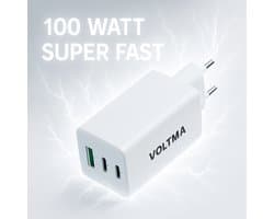 Voltma PH100ACC 100W snellader - Snelle Multi-Poort GaN Oplader van 100 Watt met 2x USB-C en 1x USB-A poorten - 100 Watt Fast Charging - USB C Laptop adapter - oplaadadapter geschikt voor iPhone, Samsung, Tablets, Laptops, Macbooks en Dell - Wit