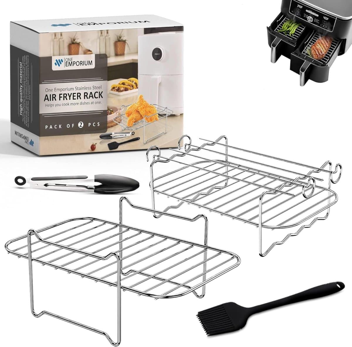 ONE Emporium airfryer stapelrekken – 2-delig RVS – geschikt voor Ninja Dual & meer – met oliekwast & keukentang — afbeelding 1