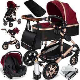 KESSER® Kinderwagen 3 in 1 Loops Wandelwagen Set incl. Autostoel & Reiswieg & Buggy Sportzitje - Massieve Rubberbanden - Luiertas / Regenhoes - Rood / Champagne — thumbnail 1