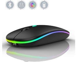 RujorTech Bluetooth Draadloze Muis Zwart - Oplaadbaar en Stil - Ergonomisch Design - 2.4G USB Ontvanger - RGB LED Verlichting - Geschikt voor Laptop, PC, Mac en Android - Universele Computermuis met 4 Knoppen en Geluidloze Klik