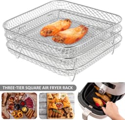 3-laags Airfryer-rek ,Vierkant Airfryer-grillrek, RVS grill-dehydratorrek ,Stapelbaar Airfryer-mandje, met 8 siliconen voetjes 1 anti-verbrandingsclip, voor Airfryer-bakken en koken — thumbnail 7