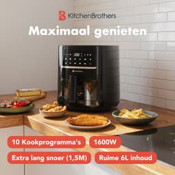 KitchenBrothers Airfryer XL - PFAS-Vrij - 1600W - 6L - Heteluchtfriteuse - 50ºC tot 200ºC - Met kijkvenster - 10 Kookprogramma's - Zwart — thumbnail 2