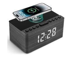 Neveda Digitale Wekkerradio Met Draadloze Oplader Telefoon - Wekkers digitaal op netstroom - Klokradio Slaapkamer - Voor kinderen & Volwassenen - Grijs Hout