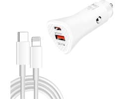 Autolader met USB-C + USB 3.0 Poort 38W Snellader + 8-Pin kabel - geschikt voor iPhone en iPad - Auto telefoon oplader - universeel - wit