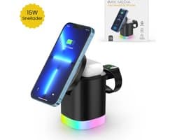 Mix-Media 3-in-1 Draadloze Oplader (15W snellader) Geschikt voor Apple Iphone and Android smartphones - Opvouwbaar - Geschikt voor Apple Airpods en IWatch - Draadloos Qi Station met LED-verlichting - zwart