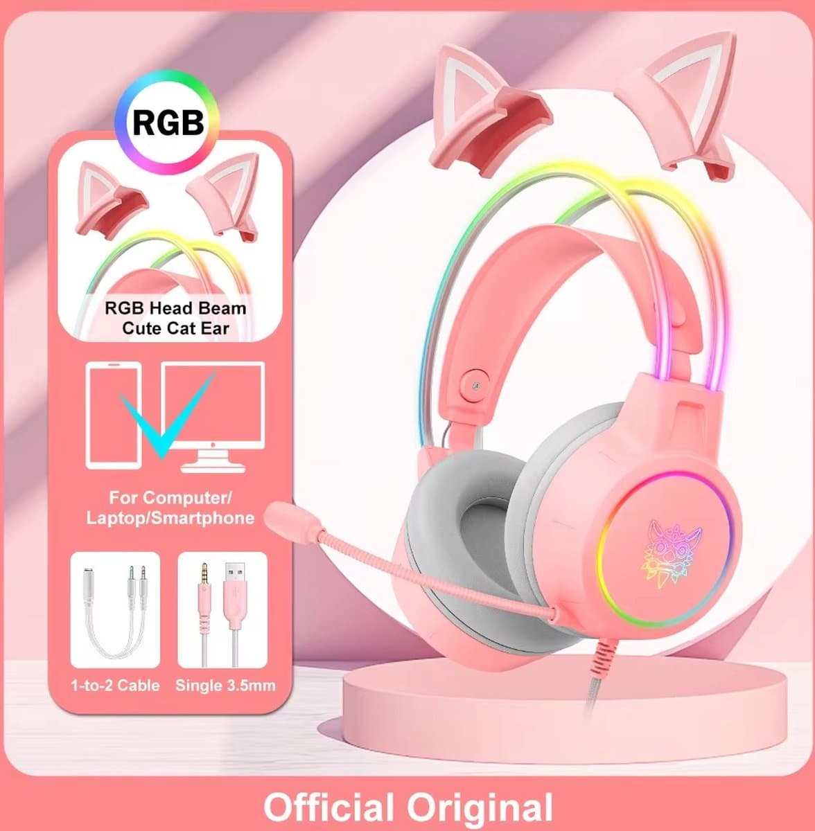 X15 Pro Over-Ear Hoofdtelefoon - Koptelefoon - Gaming Headset - Bedraad - Cancelling - Oortjes - Roze - Kat Oren - Rgb Licht - Met Microfoon - Voor Pc - Playstation - Xbox - Nintendo - — afbeelding 1