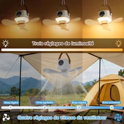 Plafondventilator met verlichting en 7200 mAh accu, geschikt voor binnen- en buitengebruik, stille oplaadbare draagbare ventilator van 35 dB, 3-in-1: campingventilator, bureauventilator, plafondventilator en draagbare ventilator. — thumbnail 2