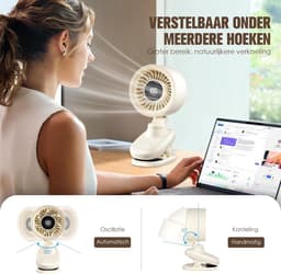 Kleine USB Tafelventilator met Clip – Mini Ventilator met Oplaadbare Batterij, Oscillatie, Timer, Traploze Snelheid & Fluisterstil – Clipventilator voor Bureau, Bed, Kantoor, Tafel & Kamperen — thumbnail 5