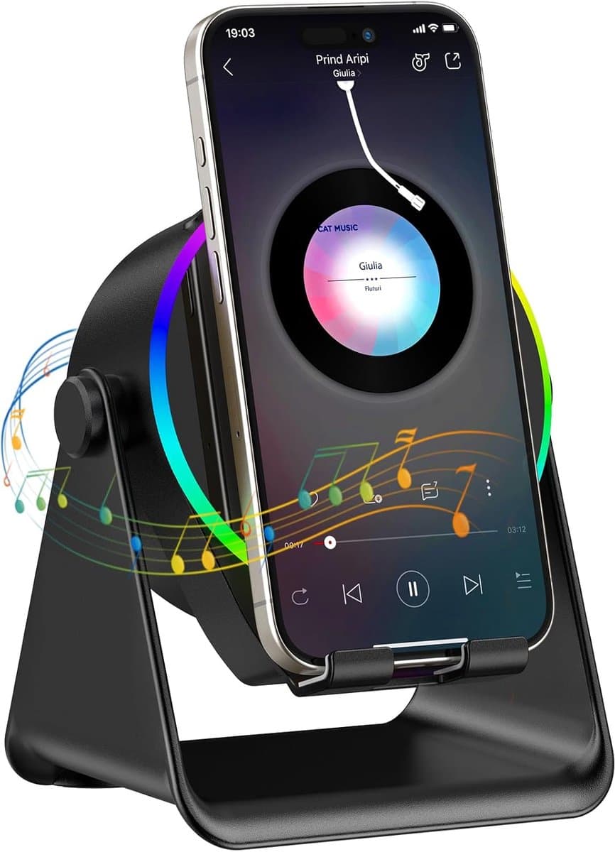 Draadloze inductie Bluetooth luidspreker 5-in-1, 360° draaibare telefoonhouder en sfeerverlichting in diverse kleuren, geschikt voor iPhone, iPad, Android en tablets, perfect verjaardagscadeau voor mannen en vrouwen（zwart） — afbeelding 1