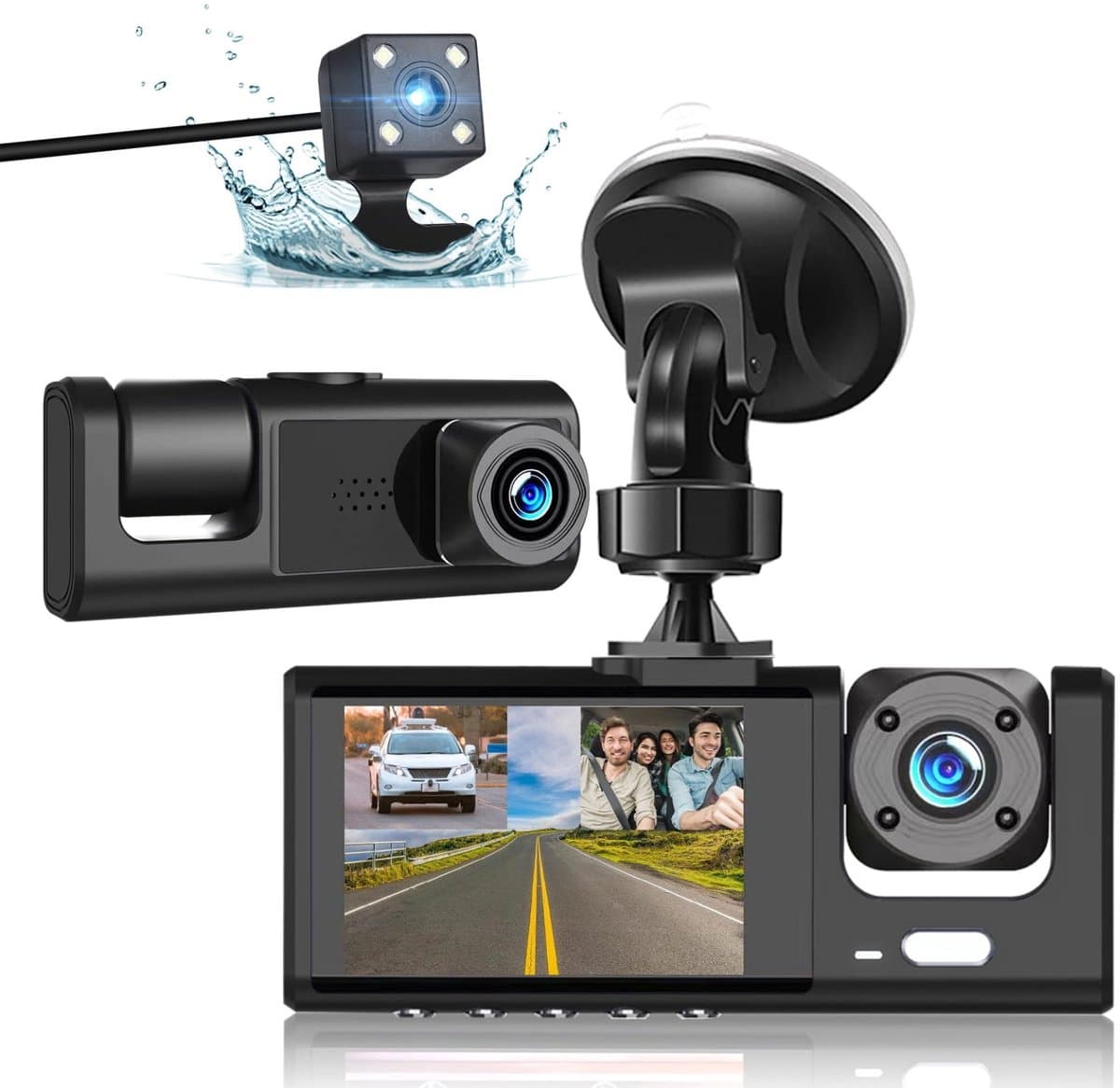 Dashcam met dubbele opnamefunctie Geschikt voor en achter, 3-kanaals dashcam met dubbele opnamefunctie, 1080P in-voertuigcamera DVR B — afbeelding 1
