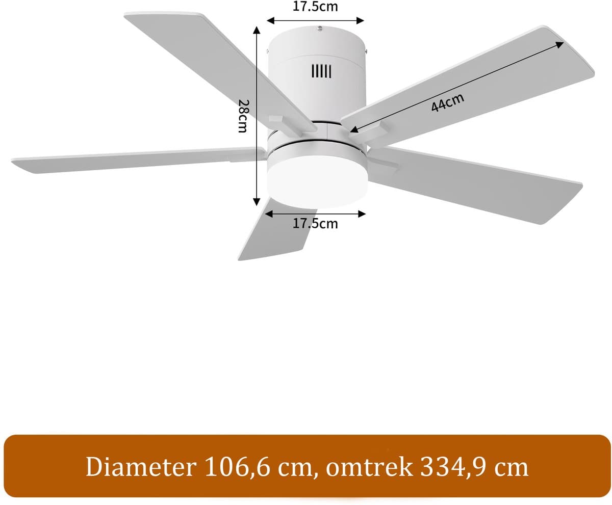2-in-1 Plafondventilator, LED-Plafondventilator, 3 Instelbare Kleuren, 6 Snelheden, 5 Bladen, Timerfunctie, Geschikt voor Zowel Winter als Zomer, Ideaal voor Meer Comfort (Wit, 107 cm) — afbeelding 1