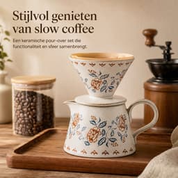 Gloovon® Keramische Koffieset - Handmatige Pour Over Dripper - Warmtebehoud - Vaatwasserbestendig - Pot 420ml met 20 Filters - Crème — thumbnail 2