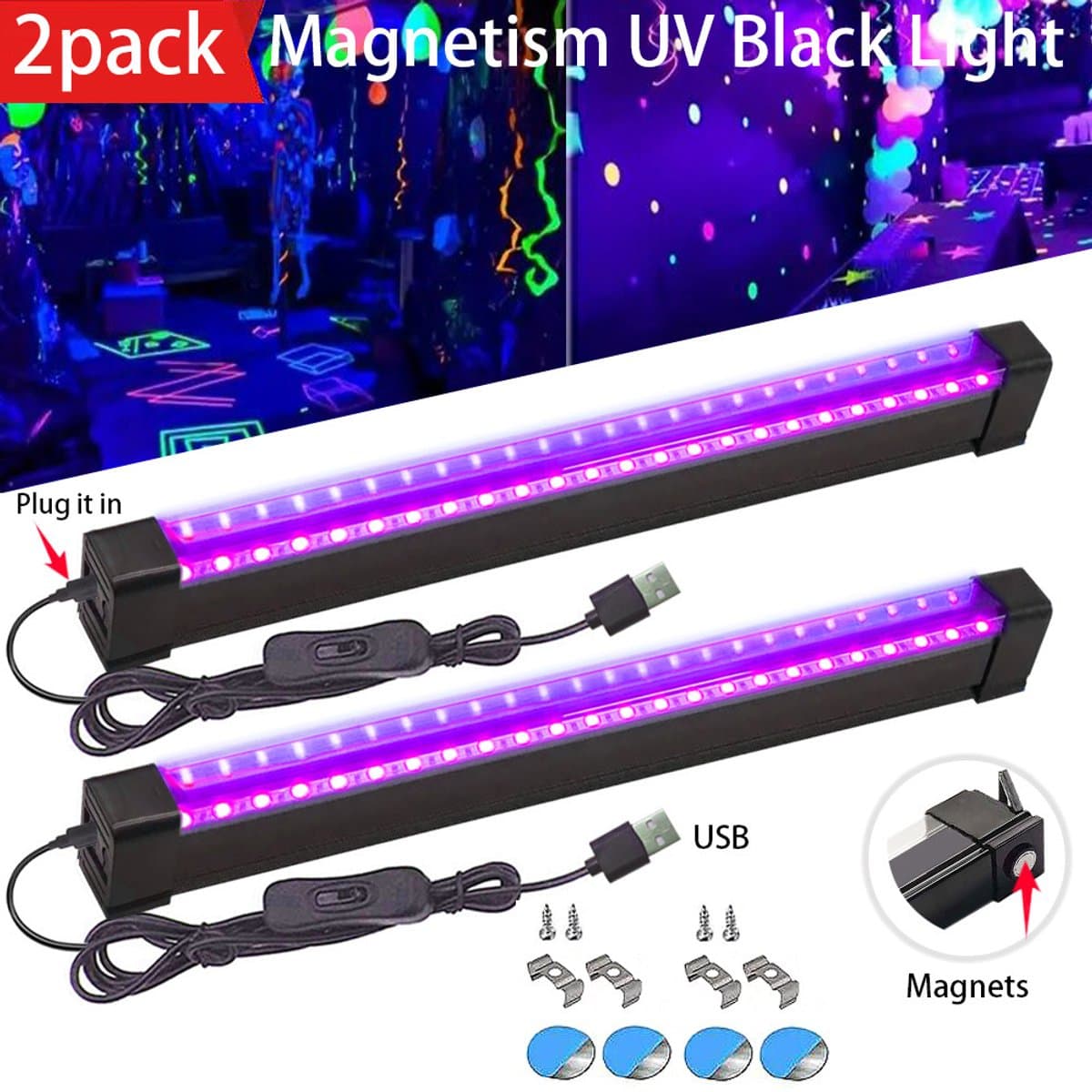 Wclavion-Set van twee uv-blacklight led-balken met usb-aansluiting en aan/uitschakelaar sfeerverlichting voor feesten disco en thema-evenementen binnenshuis — afbeelding 1