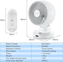 Tafelventilator stil 20 dB – Oscillerend – Met afstandsbediening – 12 uur timer – Wit — thumbnail 5