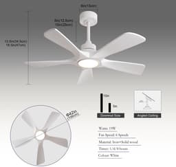 Plafondventilator Met Verlichting – 42 Inch – 5 Houten Bladen – Wit – 6 Snelheden – Afstandsbediening – Dimbaar – Timer — thumbnail 1