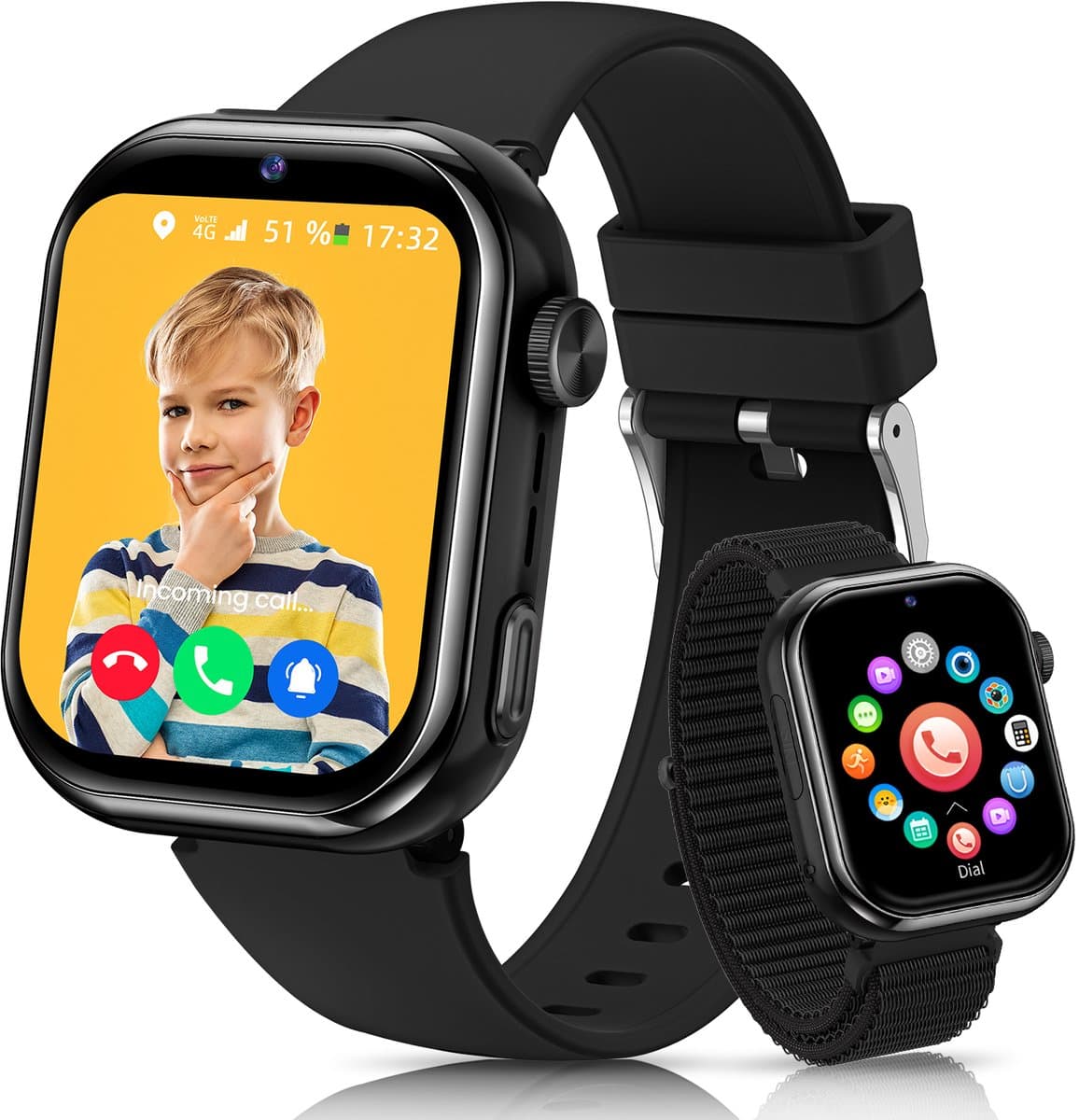 FOSMET 4G Smartwatch Kinderen - 2026 - GPS Horloge Kind met Telefoonfunctie - 1,83 Inch - SOS Knop & Videobellen - Dubbele Camera 3 MP - 1000mAh - Voor 4-12 Jaar - Voor Jongens en Meisjes - Android & iOS - Zwart — afbeelding 1