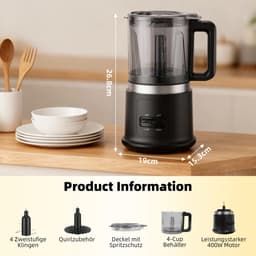 Foodprocessor 400W – 2 Snelheden en Pulsefunctie – 4 RVS Messen – 0,95L Mengkom met Garde — thumbnail 2