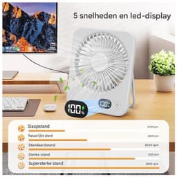 GELLDG Tafelventilator - Draagbare Mini Ventilator met LCD-scherm - 5 Snelheden, 2200mAh Batterij - Licht en Compact 165x132x38mm - Geschikt voor Bureau, Thuis en Kamperen - Kunststof - Wit — thumbnail 4