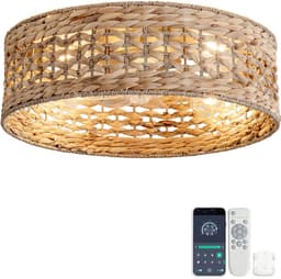 Plafondventilator 19 inch - Dubbele bediening via app en afstandsbediening - Zes snelheidsstanden - Geschikt voor lage plafonds en kleine appartementen - ABS-bladen met rotan rooster - Opengewerkt ontwerp — thumbnail 1