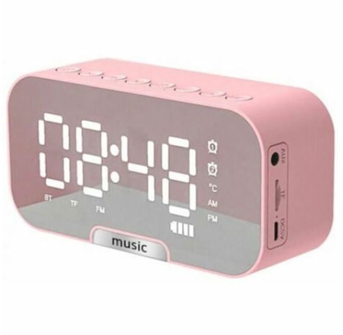 5-in-1 multifunctionele klok, Bluetooth-luidspreker, FM-radio, digitale wekker met spiegel, temperatuurweergave, oplaadbaar - roze — afbeelding 1