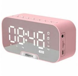 5-in-1 multifunctionele klok, Bluetooth-luidspreker, FM-radio, digitale wekker met spiegel, temperatuurweergave, oplaadbaar - roze — thumbnail 1