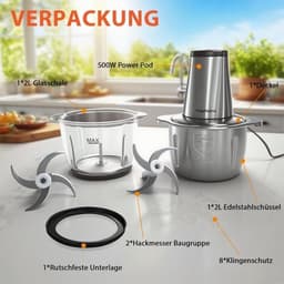 Krachtige Keukenmachine Hakmolen met 2 Liter Glazen en Stalen Kom — thumbnail 2