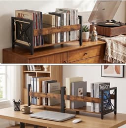 Kaëru Vinyl LP Opbergrek – Verstelbare Metalen Stang – Industriële LP Houder – voor 12 Inch Vinyl, Boeken – Vintage Bruin met Zwart Metaal – LP Opbergsysteem – Boekensteun — thumbnail 5