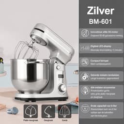 Keukenmachine 6L - 1200W - Staande Mixer - RVS Mengkom - 6 Snelheden + Pulse - LED Display - Inclusief Garde, Deeghaak & Platte Menghaak - Zilver — thumbnail 3