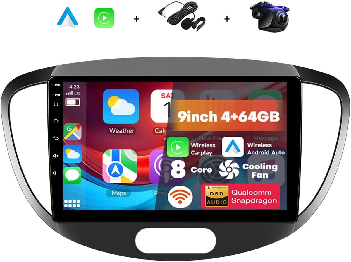 Boscer 2 Din Autoradio - Geschikt voor Hyundai i10 2008-2013 - Draadloos Apple CarPlay & Android Auto - 8-Core Snapdragon - 9 Inch HD Touchscreen - Android 15 - 4+64GB - Interne Koeling - GPS - WiFi, Bluetooth & USB - Achteruitrijcamera & Microfoon — afbeelding 1