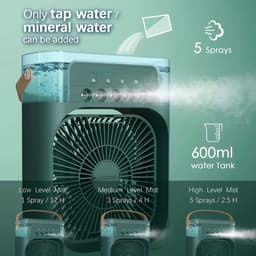 Deze draagbare 4-in-1 airconditioner combineert airconditioning, een ventilator, drie ventilatorsnelheden, een timer, een luchtbevochtiger (600 ml waterreservoir), USB-opladen, een luchtkoeler en een stille modus – in het blauw. — thumbnail 2